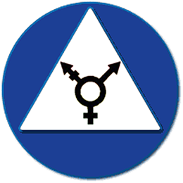 Black symbol combining Mars, Venus, and both, in a white upright triangle within a blue circle