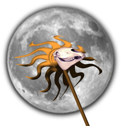 Mast Beast graphic, a horse skull on a pole with flowing mane of orange and black ribbons, in front of full moon