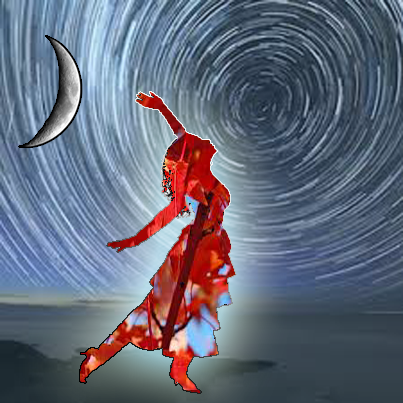 Pagan dancer silhouetted against swirling stars, crescent Moon