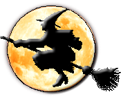 Witch flying broom in front of full moon