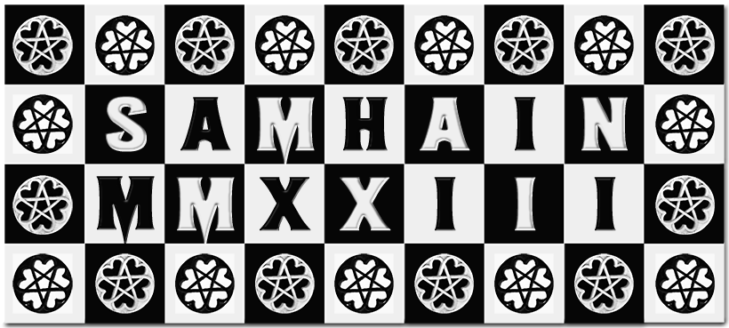 Samhain MMXXIII in white and black letters on black and white tiles, bordered by entwined pentagrams and hearts
