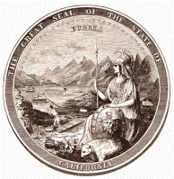 1849 California state seal depicts Minerva and Gorgon Medusa, and small grizzly bear
