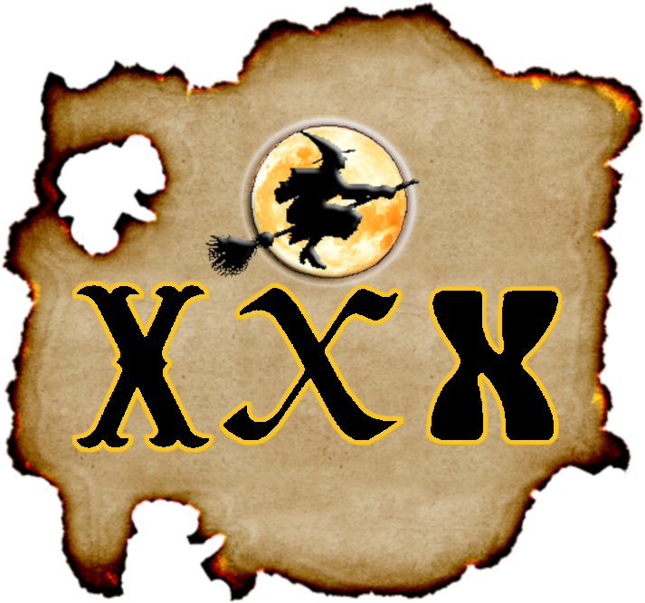 On a burnt-parchment background, a silhouetted Witch on a broom flies in front of a full moon and above three letter Xes in Victorian, medieval, and sixties fonts