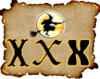 Witch flying in front of full moon above three letter Xes in retro fonts