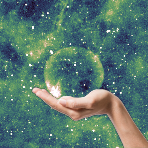 Hand holding crystal ball in space (Teleios, an actual celestial object)